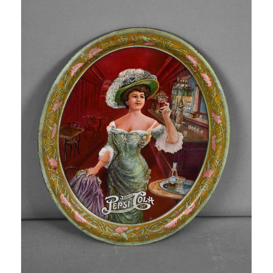 1909 Pepsi:Cola Metal Serving Tray w/Lady at Soda Fountain (TAC)