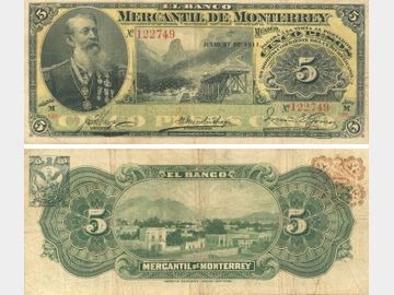 M424c – 5 Pesos El Banco Mercantil de Monterrey 1911. F