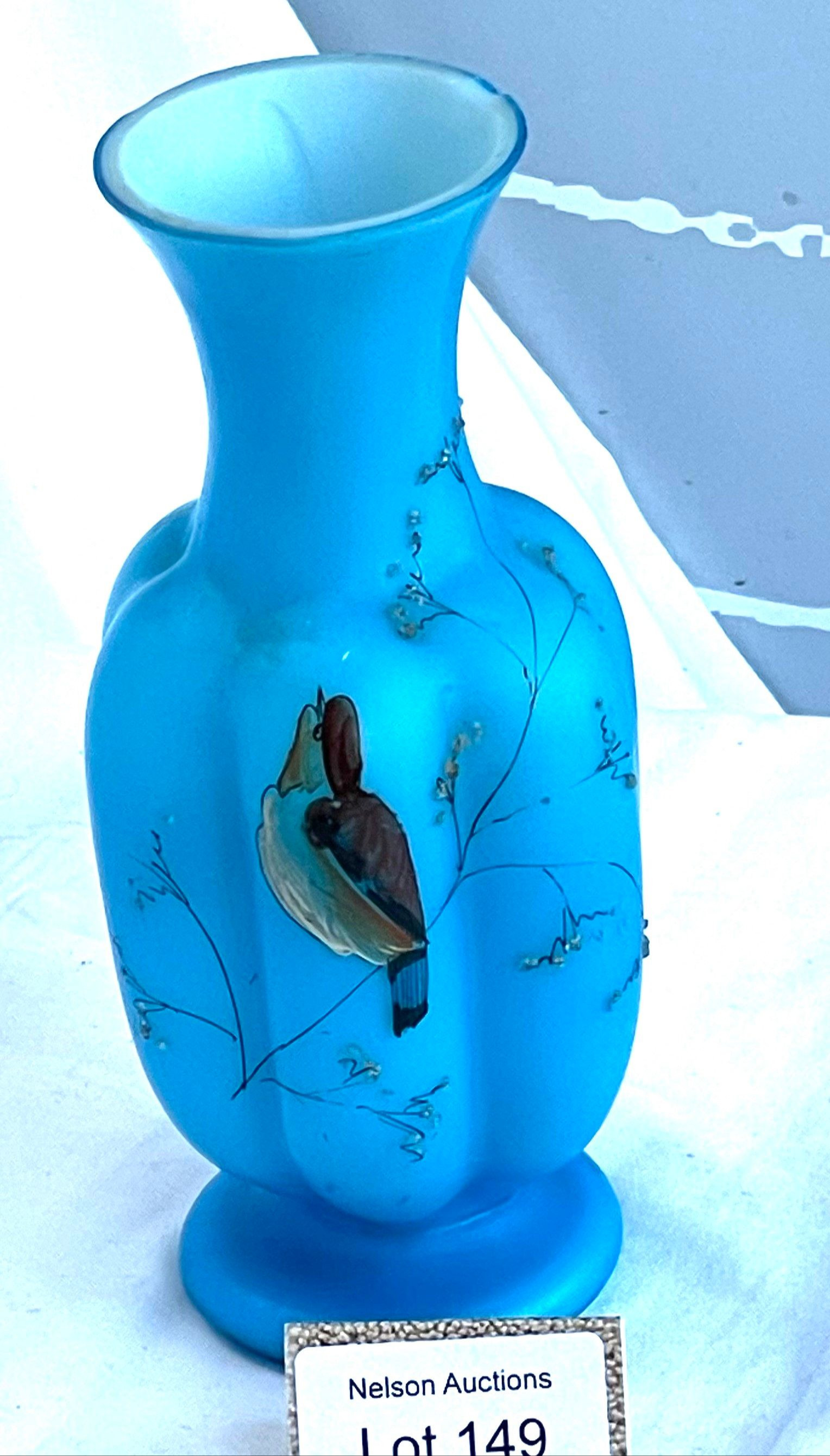Victorian blue Bristol Vase w hand painted bird etc — NZ auction result