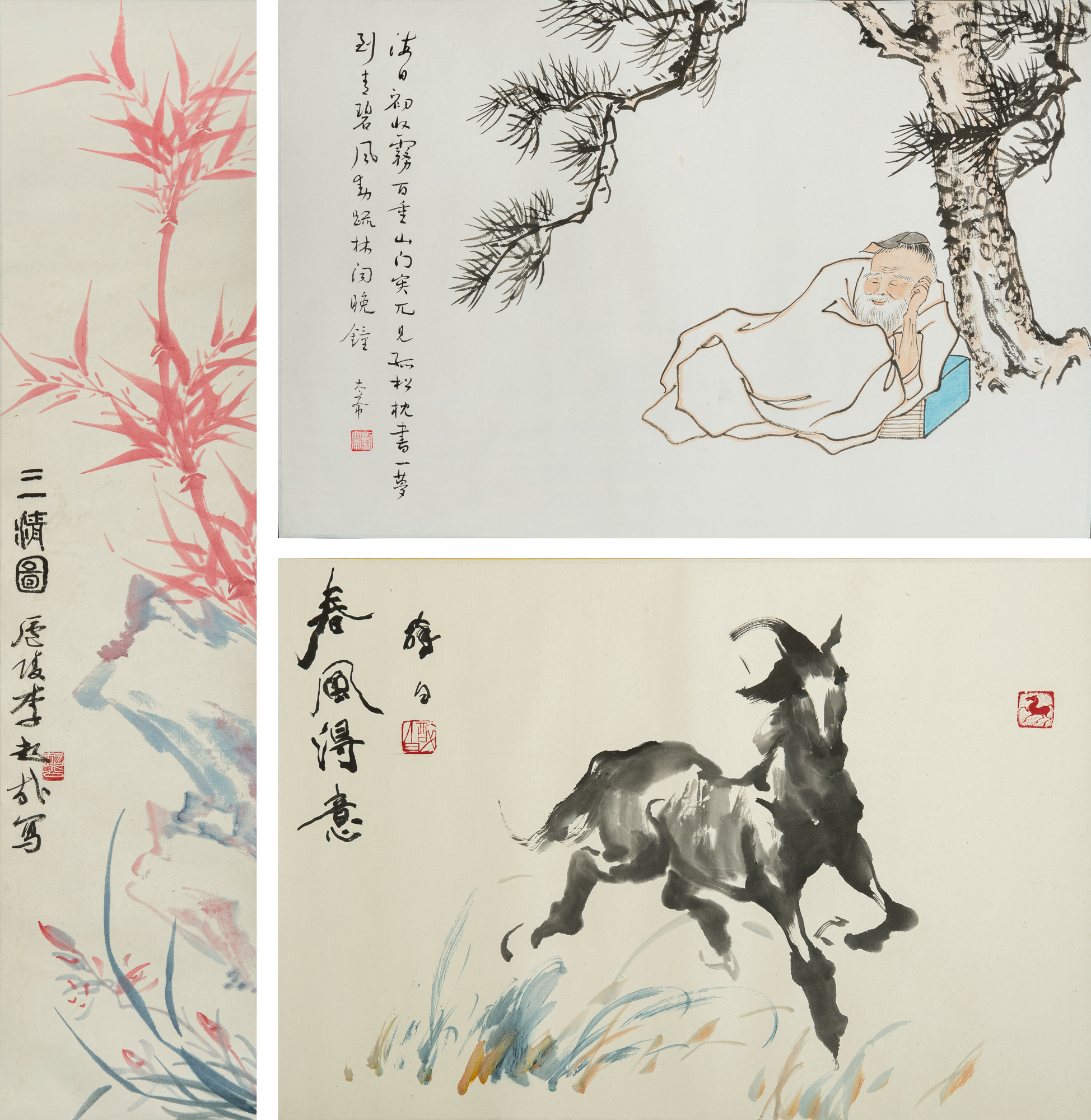 劉太希葉醉白李超載高仕奔馬竹鏡片三張Three Chinese paintings