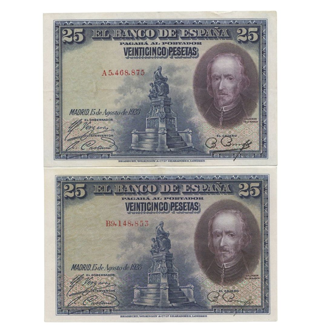 Spain '15 August 1928' 25 Pesetas, Extremely Fine OPQ (2 notes)