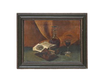Vintage Oil on Canvas, Library Scene Still Life, Signed D.R. Soffer '87