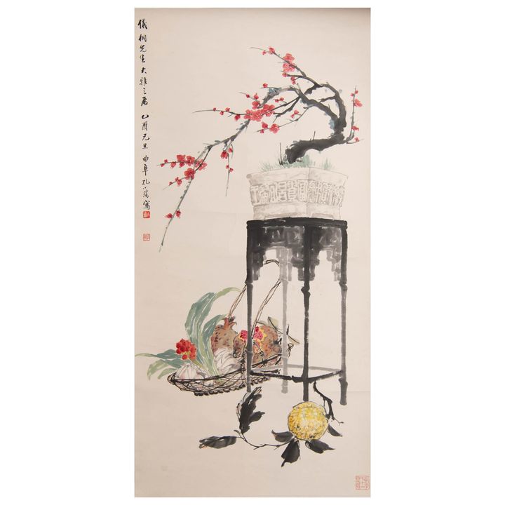 孔小瑜 梅花石榴圖立軸 Kong Xiaoyu (Chinese), A Chinese painting