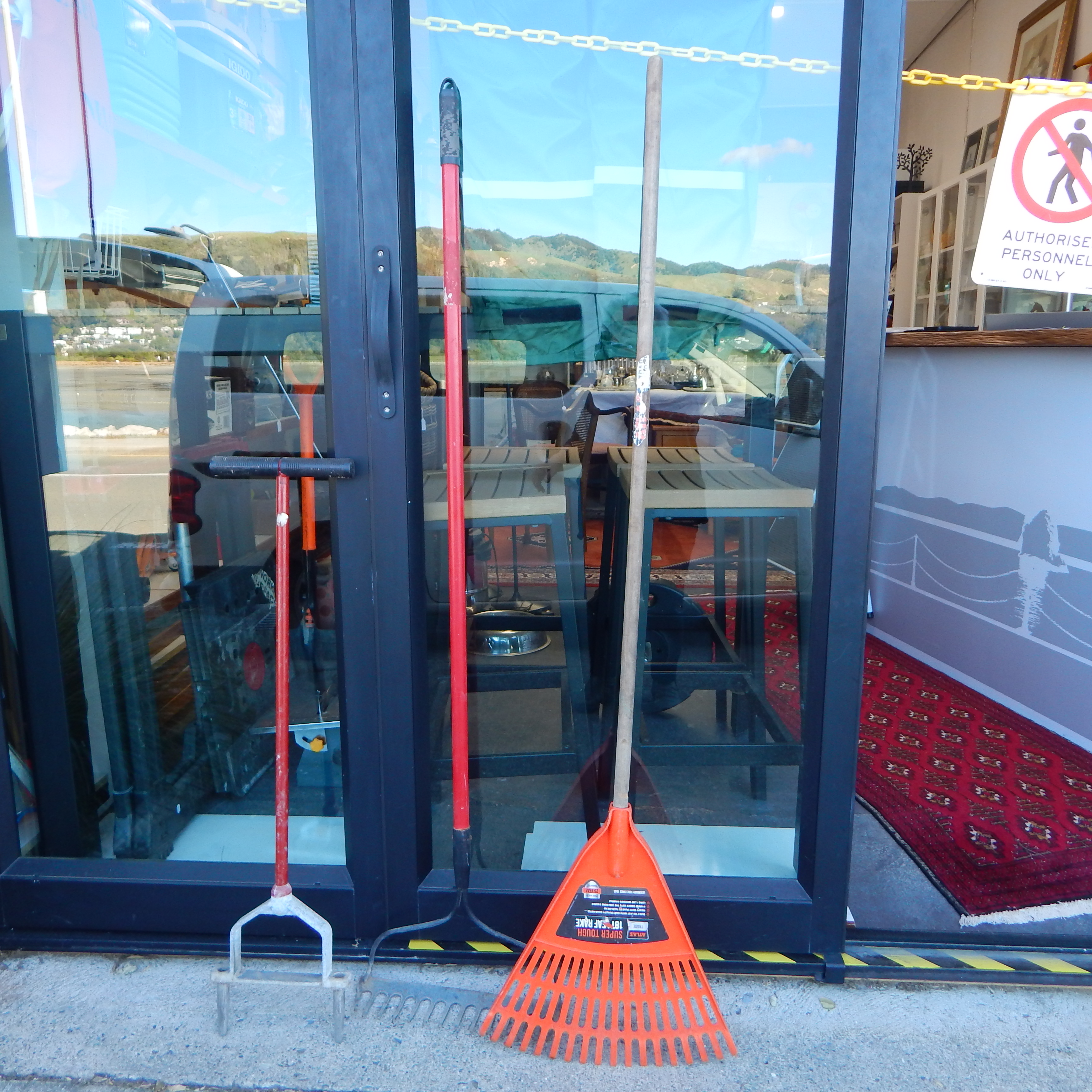 3 Garden tools - grass aerator + 2 rakes — sold at auction in New Zealand for $20