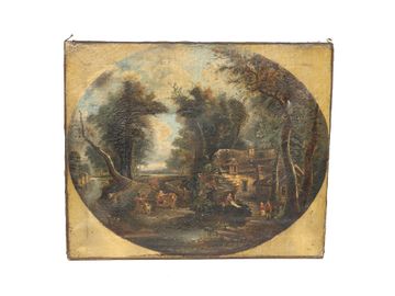 19th C. Village Scene, Oil on Canvas, Depicting Village Life Activities in Oval