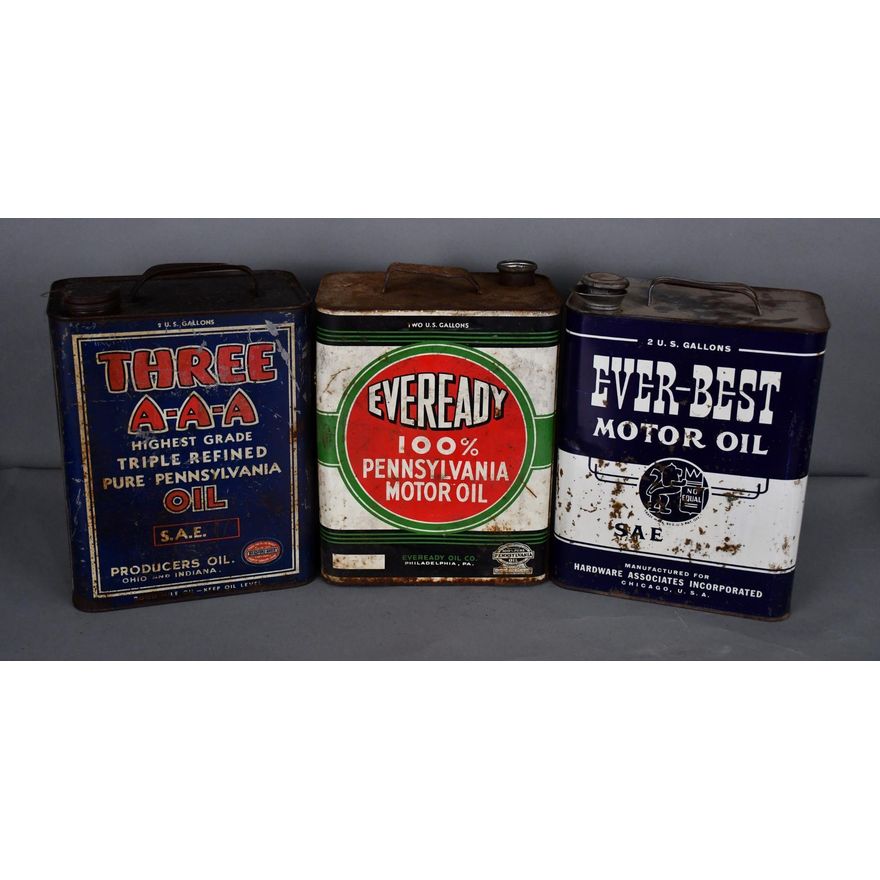 3-Two-Gallon Metal Motor Oil Cans Eveready, Three A-A-A & Ever-Best