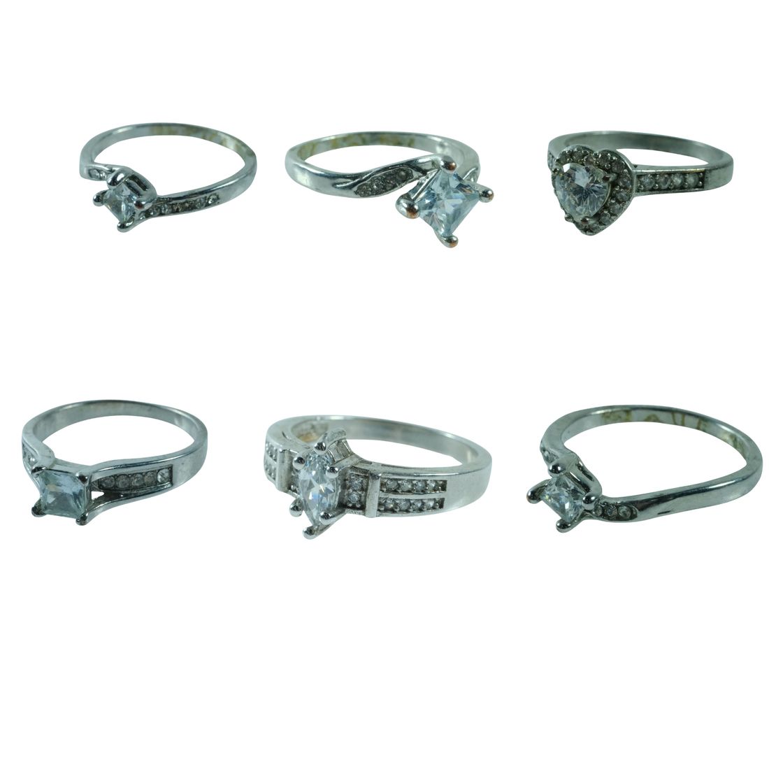 Silver-plated Costume Rings with Faux Diamonds (6)