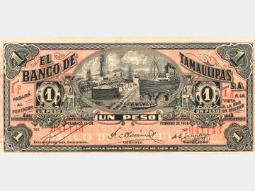 M519a – 1 Peso El Banco de Tamaulipas, Tampico, Tamaulipas, 1914. AU+.