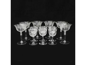 Vintage Mid-Century Glasses, 12 Total, with Etched Designs and Ribbed Stems