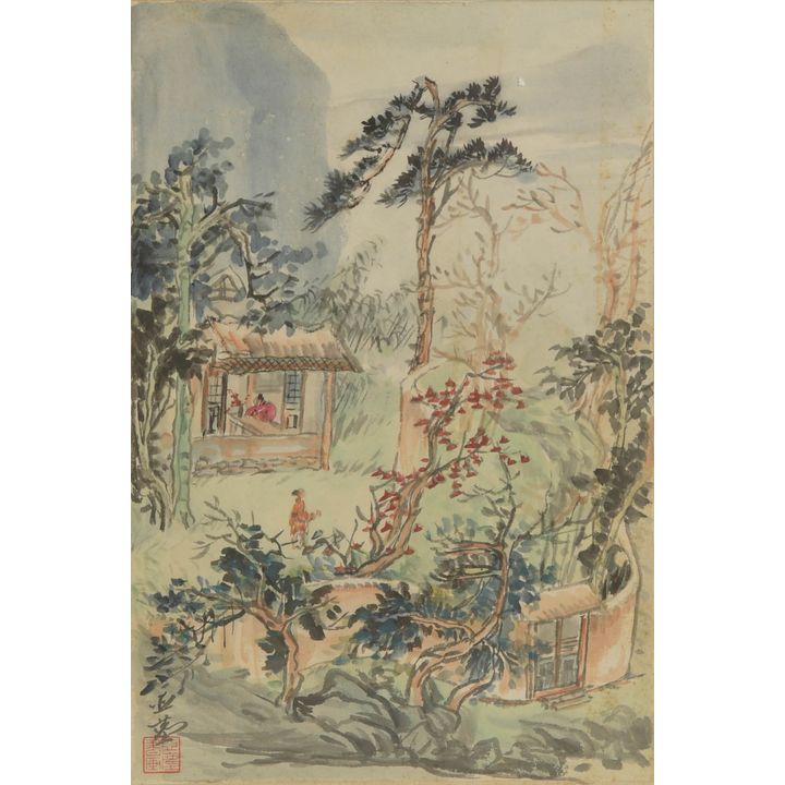汪亞塵 鬆樹茅屋鏡片 Wang Yachen (Chinese), A painting of a forest village