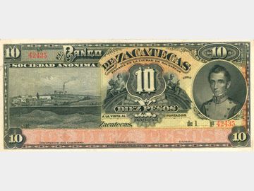 M576r – 10 Pesos El Banco de Zacatecas, Zacatecas (1891-1914). Remainder. AU.