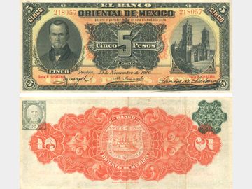 M460c – 5 Pesos El Banco Oriental de Mexico (2 piezas en lote). Pieza #1 Puebla 1910. XF