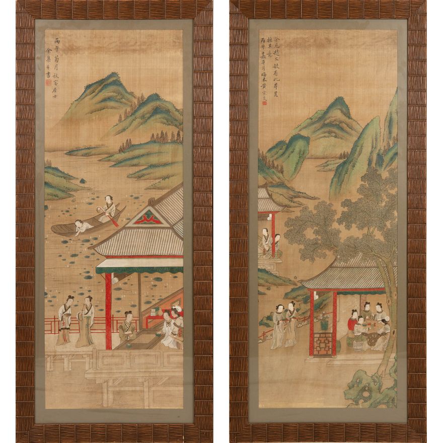 余集   黃宗炎 絹本山水人物鏡框一對 A pair of Chinese landscape paintings, signed Huang Zongyan (Chinese, 1616–1686); Yu Ji (Chinese)