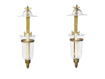 Regency Style Brass and Glass Hurricane Wall Mounted Sconces, Pair