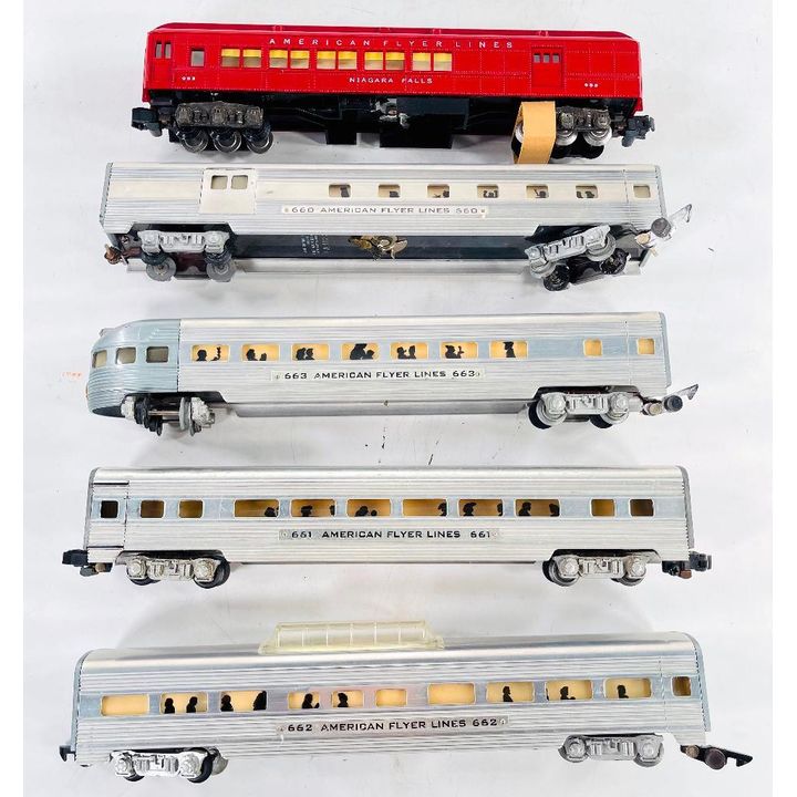 American Flyer Postwar S Gauge Four (4) Assorted Chrome Passenger Cars & Niagara Falls Passenger Car