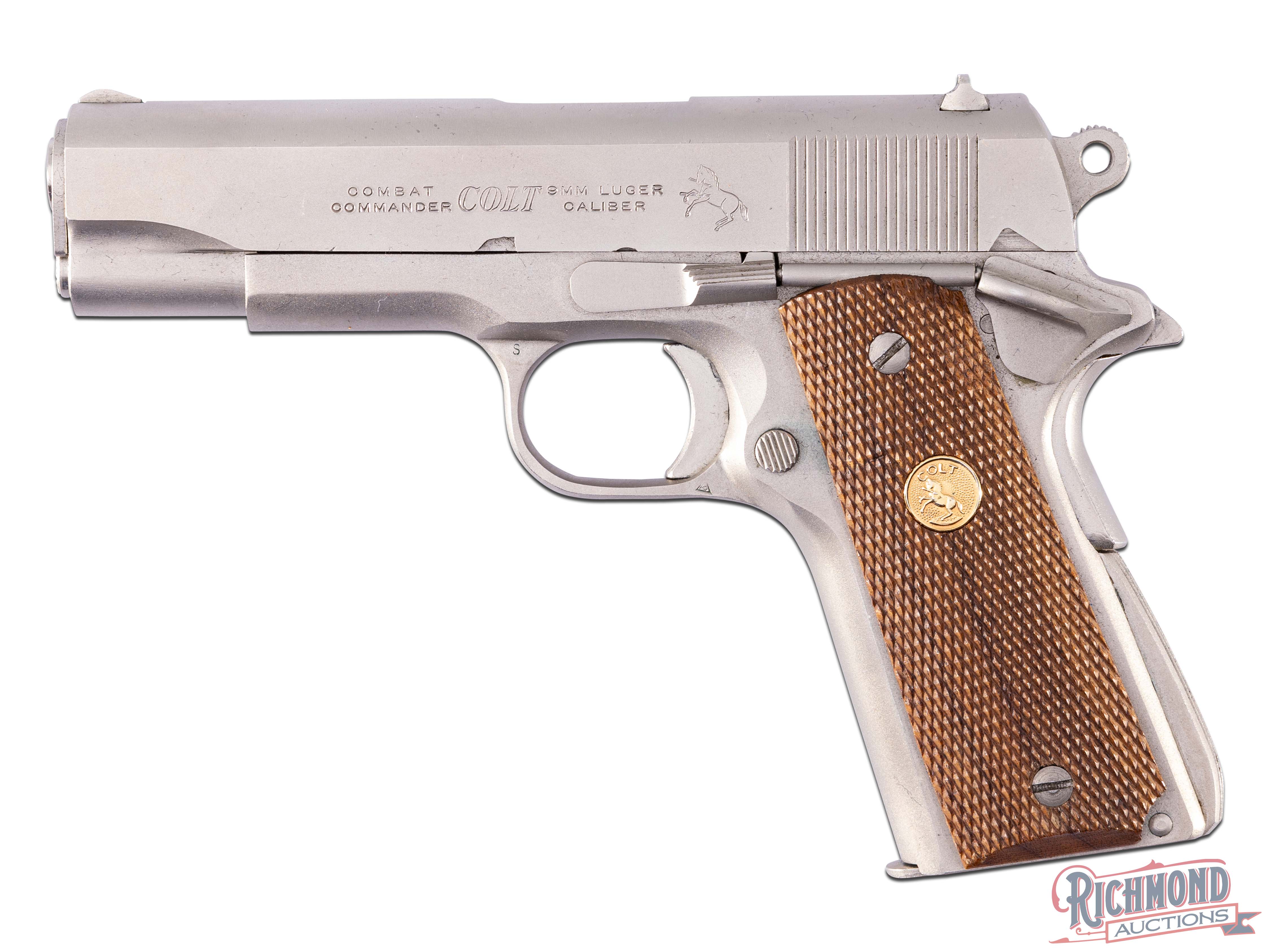 Nice 1973 Colt Combat Commander 9mm Satin Nickel Semi-Auto Pistol in ...