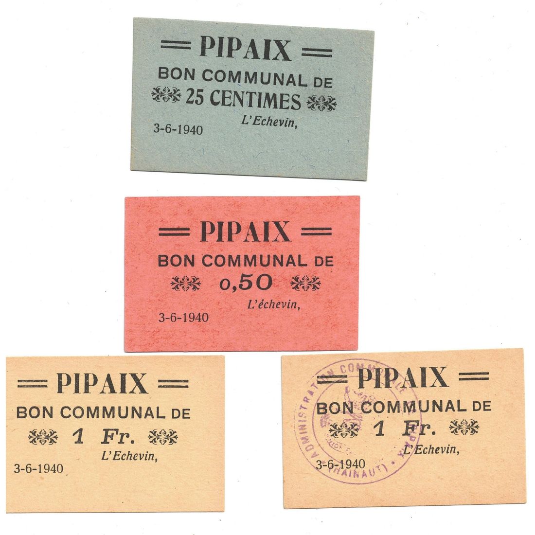 Belgium - Pipaix 1940 Emergency 25c, 50c, 1 Fr (2) Uncirculated (4 notes)