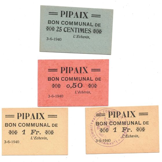 Belgium - Pipaix 1940 Emergency 25c, 50c, 1 Fr (2) Uncirculated (4 notes)