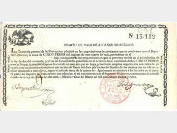 5 Pesos Cuarto de Vale de Alcance de Sueldos, Tesorería General de la Nación, 1835. VF.