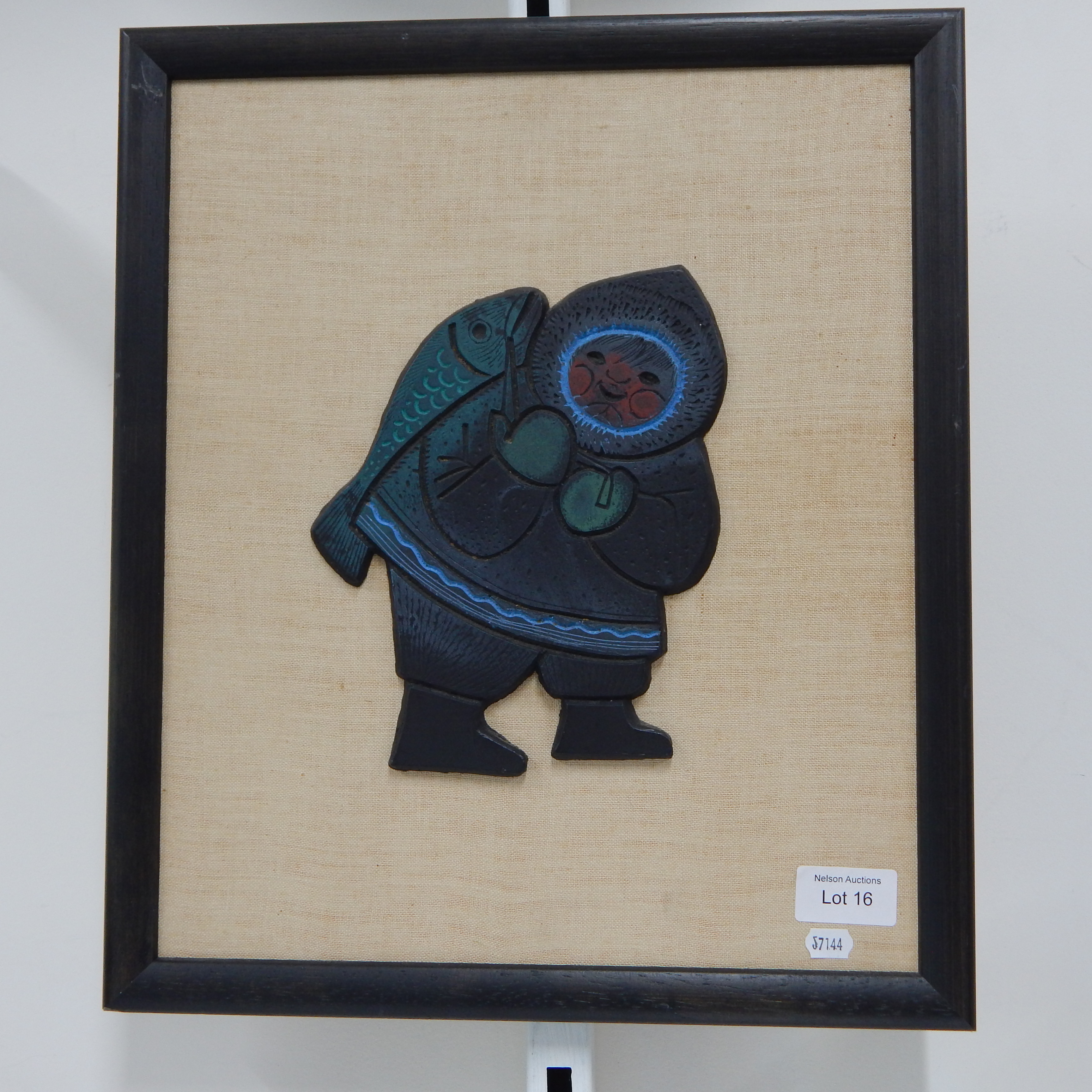 Innuit with Salmon - carved wood mounted — NZ auction result