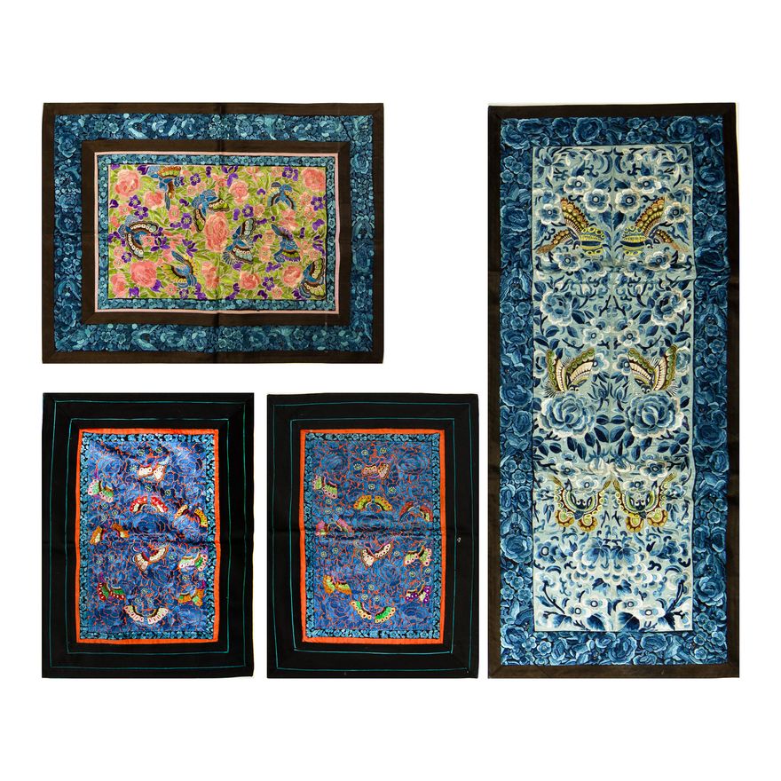 十九世紀   各式刺繡花卉繡片四塊 Four assorted Chinese silk panels, 19th century