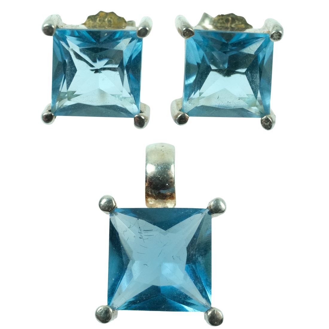 Square-cut Blue Crystal Earrings and Pendant in Sterling (925) Silver (3 pieces)