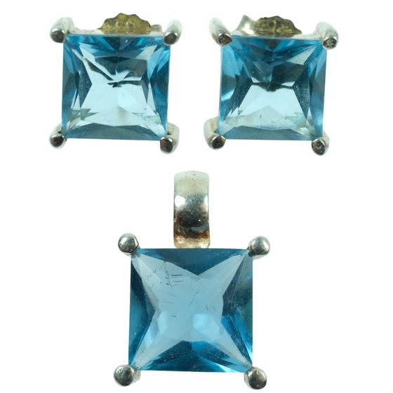 Square-cut Blue Crystal Earrings and Pendant in Sterling (925) Silver (3 pieces)
