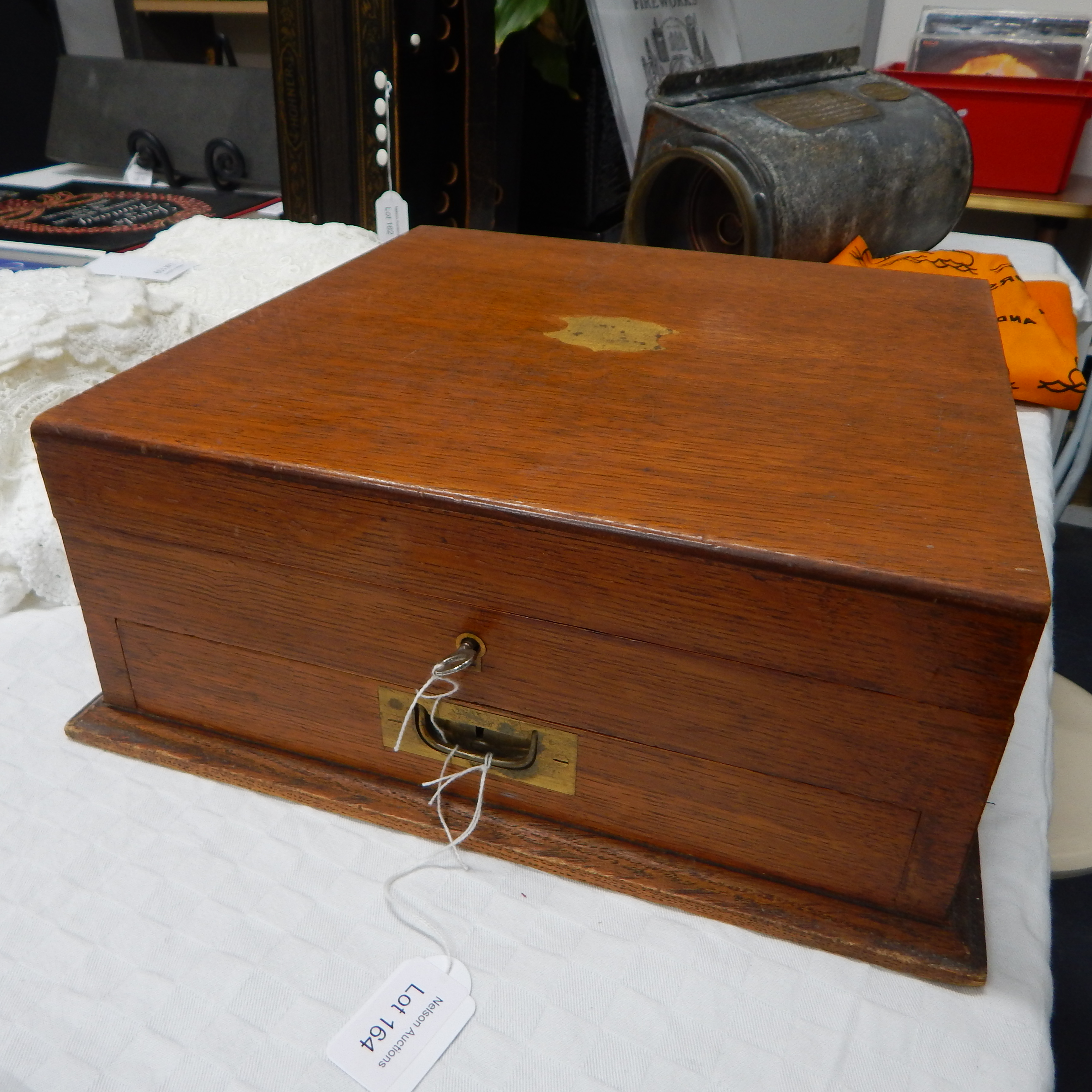 Antique Wooden Box w Top Compartment and Drawer — sold at auction in New Zealand for $120