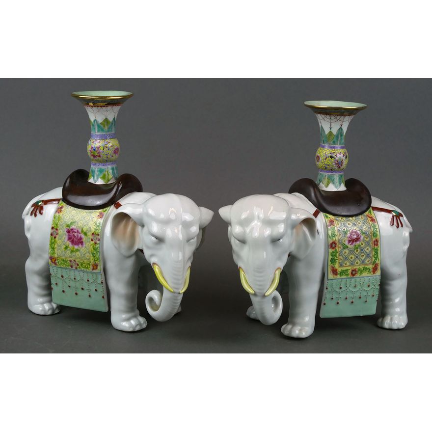 Pair Chinese Famille Rose Elephant Candlesticks