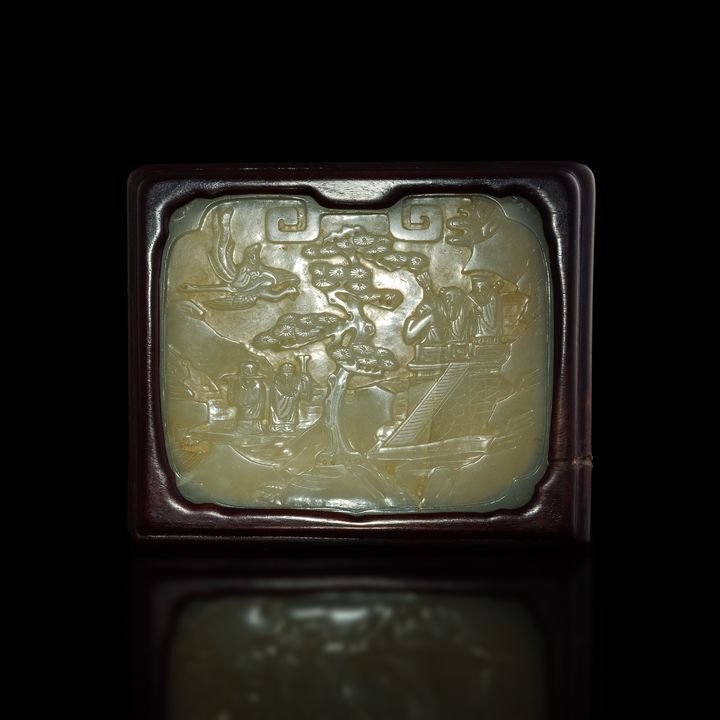 十八/十九世紀 玉雕山水人物瓦子 A Chinese carved jade 'landscape' plaque, 18th/19th century