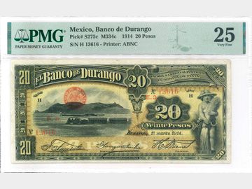M334c – 20 Pesos El Banco de Durango, 1914. PMG VF25.