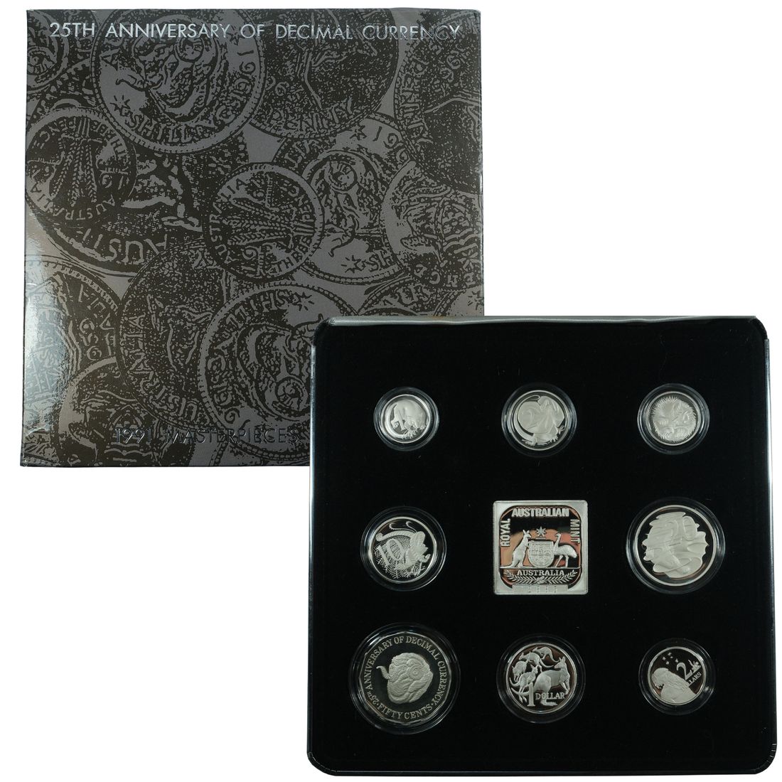 Australia 1991 '25th Year of Decimal Currency' Masterpieces in Silver (925) Proof Set, FDC (9 items)