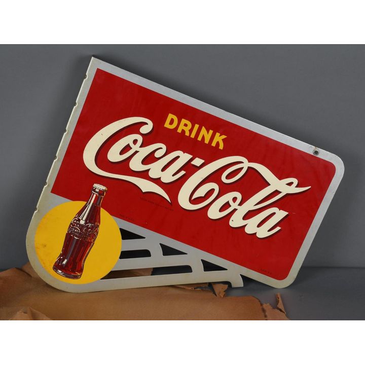 Drink Coca-Cola w/Bottle in Yellow Spot Metal Flange Sign (TAC)