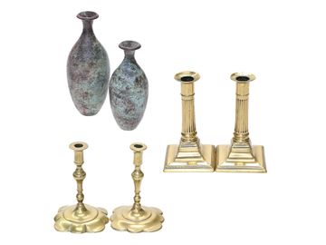 Group of Vintage Items, Brass Candlesticks (Two Pair) and Verde and Black Vases (Companion Pair)