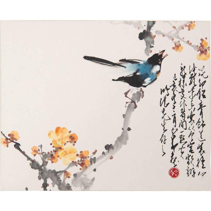 趙少昂   紅湛上款花鳥鏡片 A Chinese painting of flowers and a bird, signed Zhao Shao'ang (Chinese, 1905-1998)