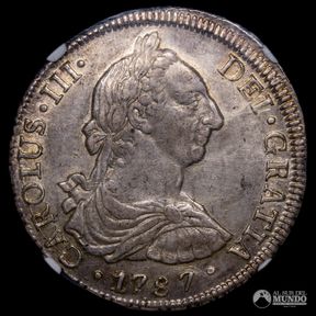 Chile, Santiago. 8 Reales. 1787 (Carlos III). DA. NGC AU 55.