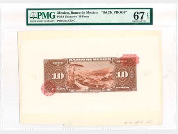 M4638Ap2 VAR– 10 Pesos El Banco de México (1947-1967). PMG 67 EPQ Super Gem. Prueba de Reverso.