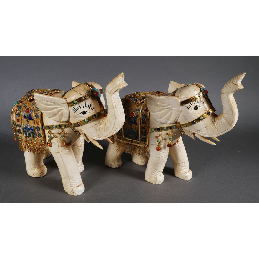 PAIR JEWELED THAI BONE ELEPHANTS