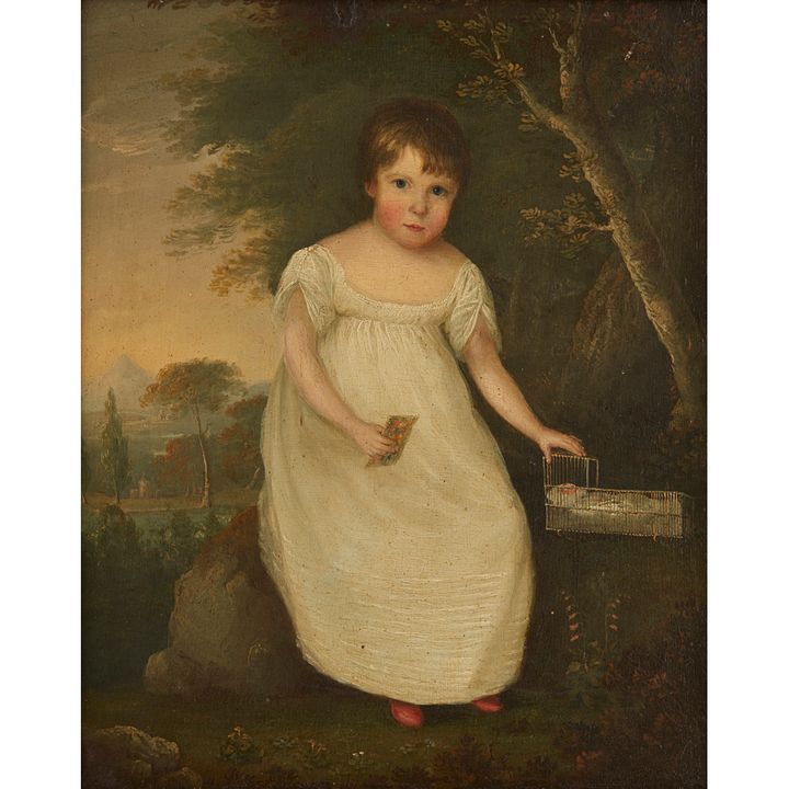 ATTRIBUTED TO ALEXANDER NASMYTH PORTRAIT OF A YOUNG GIRL IN LANDSCAPE 30.5cm x 25.5cm (12in x 10in)