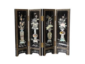 Vintage Black Lacquered Oriental Four Panel Table Screen