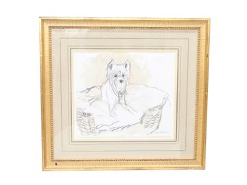 Henry Koehler (1927-2018), Charcoal and Oil on Paper, Westie in a Basket, 2003