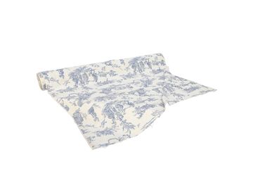 Bolt of Blue and White Toile Fabric, Featuring Various Courting and Hunt Scenes