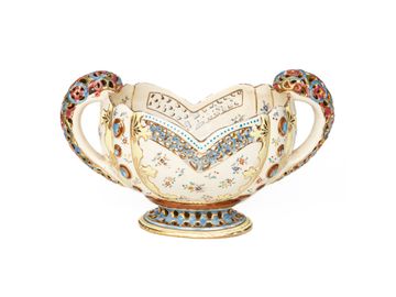 19th C. J Fischer, Budapest, Hungarian Painted Pierced Porcelain Centerpiece