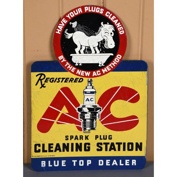 AC Spark Plugs Cleaning Station Blue Top Dealer Metal Sign