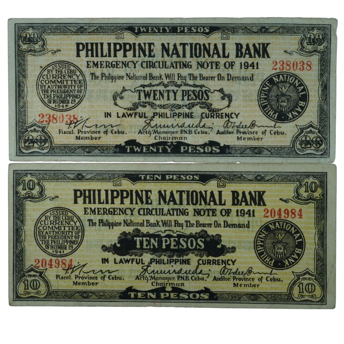Philippines  National Bank 1941 10 and 20 Pesos, good Very Fine  (2 notes)