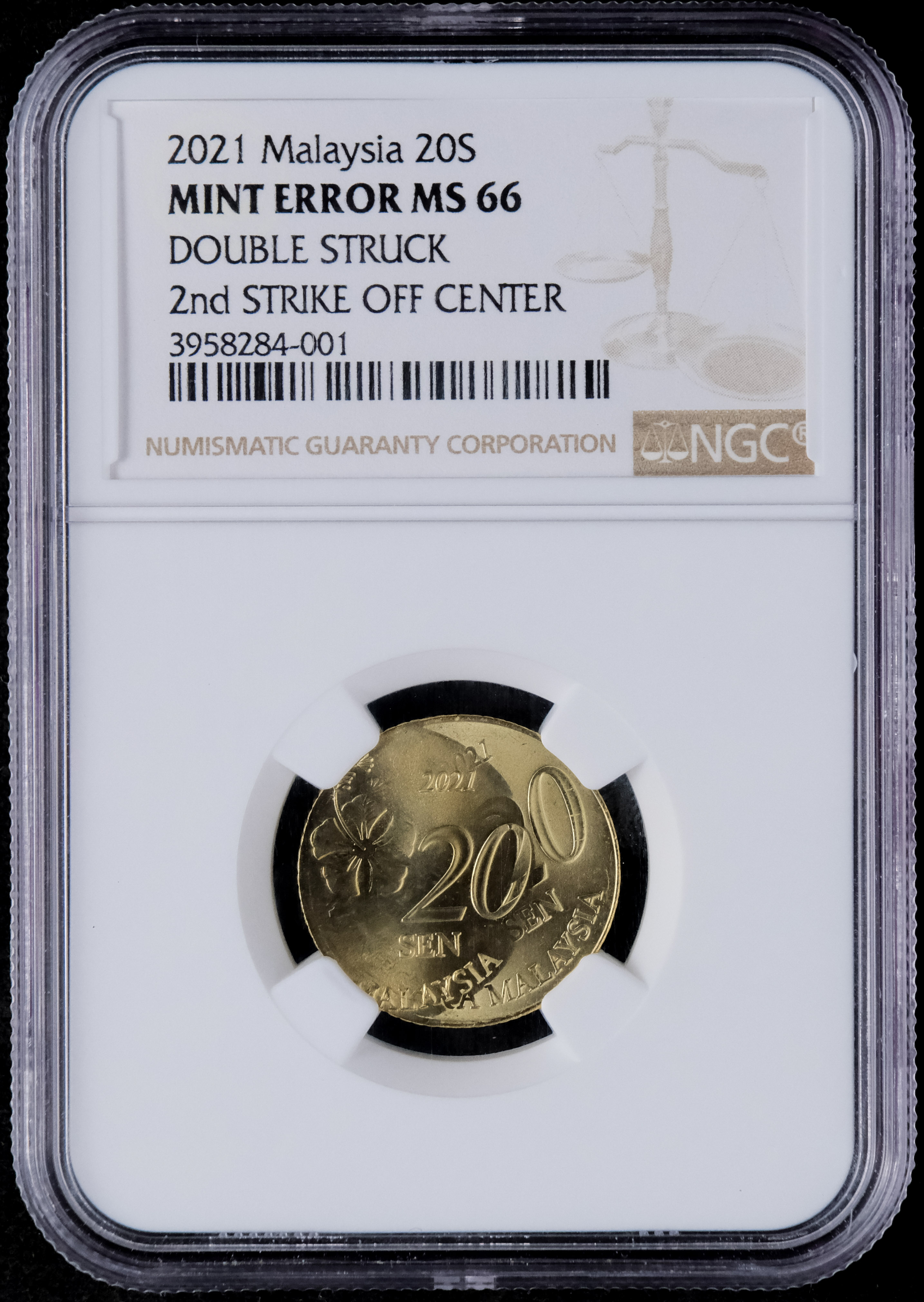 Malaysia 2021 *Mint Error Coin 20 sen *Double Struck 2nd Struck Off Center  NGC MS66 High Grade (3958284-001) | Sky Kirin Auctions