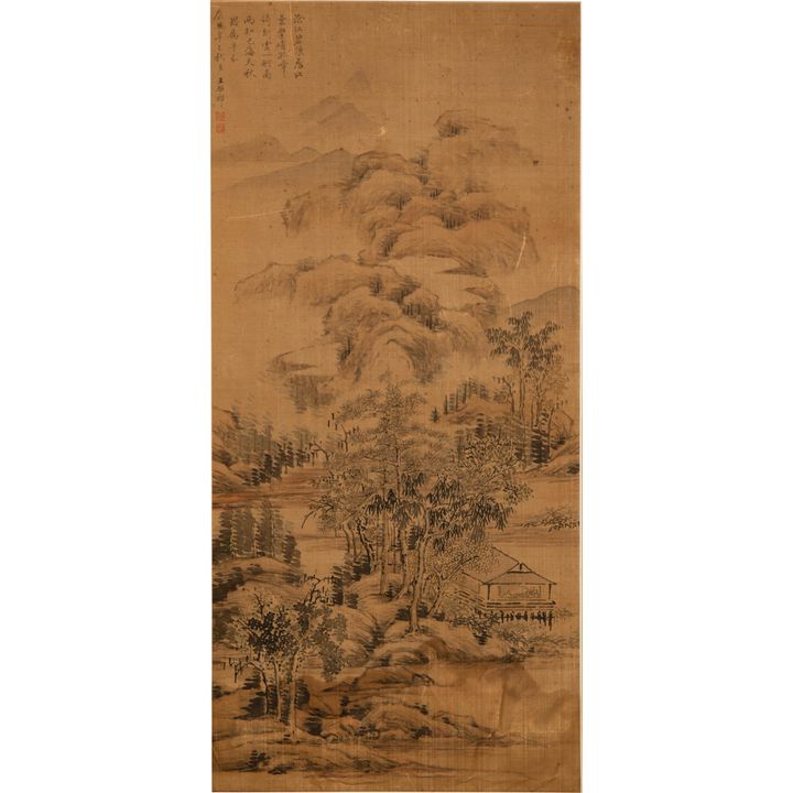 王原祁款 絹本山水鏡框 Attributed to Wang Yuangi (Chinese), A landscape painting