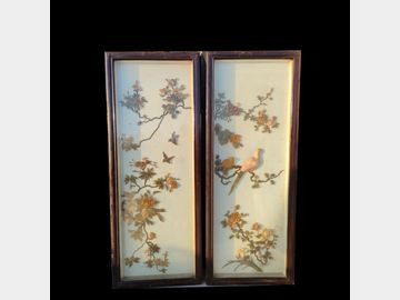 A pair of large Qing Dynasty style Shoushan stone flower and bird hanging plaques