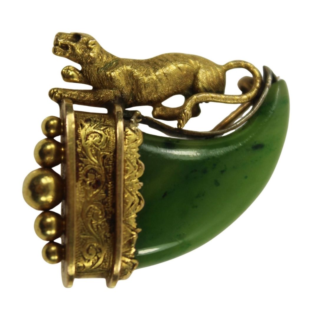 Indian Tiger Brooch in 17ct Yellow Gold featuring a Tooth shaped in Green Jade