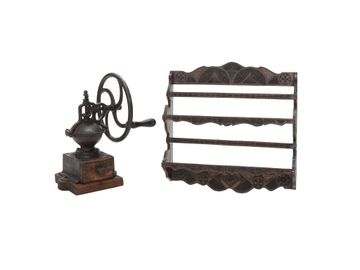 Vintage French Carved Beechwood Hanging Plate Rack and French Manual Cast Iron Coffee Grinder